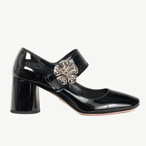 Prada Nero Vernice Leather Flower Mary-Jane Pumps